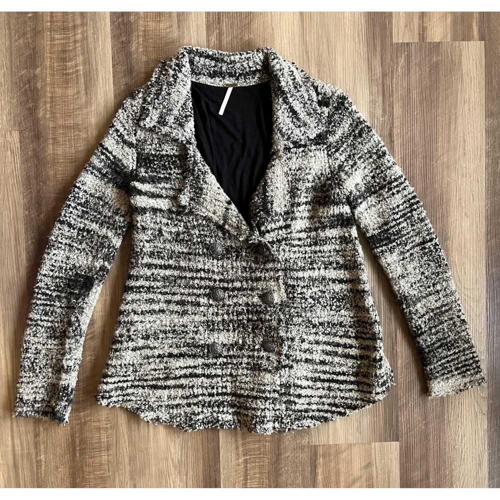 Free People Jacket Womens Large Black Gray‎ Boucle Knit Double Breasted Coat